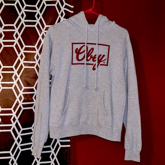 Obey hoodie gray with maroon logo/design, hood,drawstring,kangaroo pocket EUC! - Picture 3 of 6